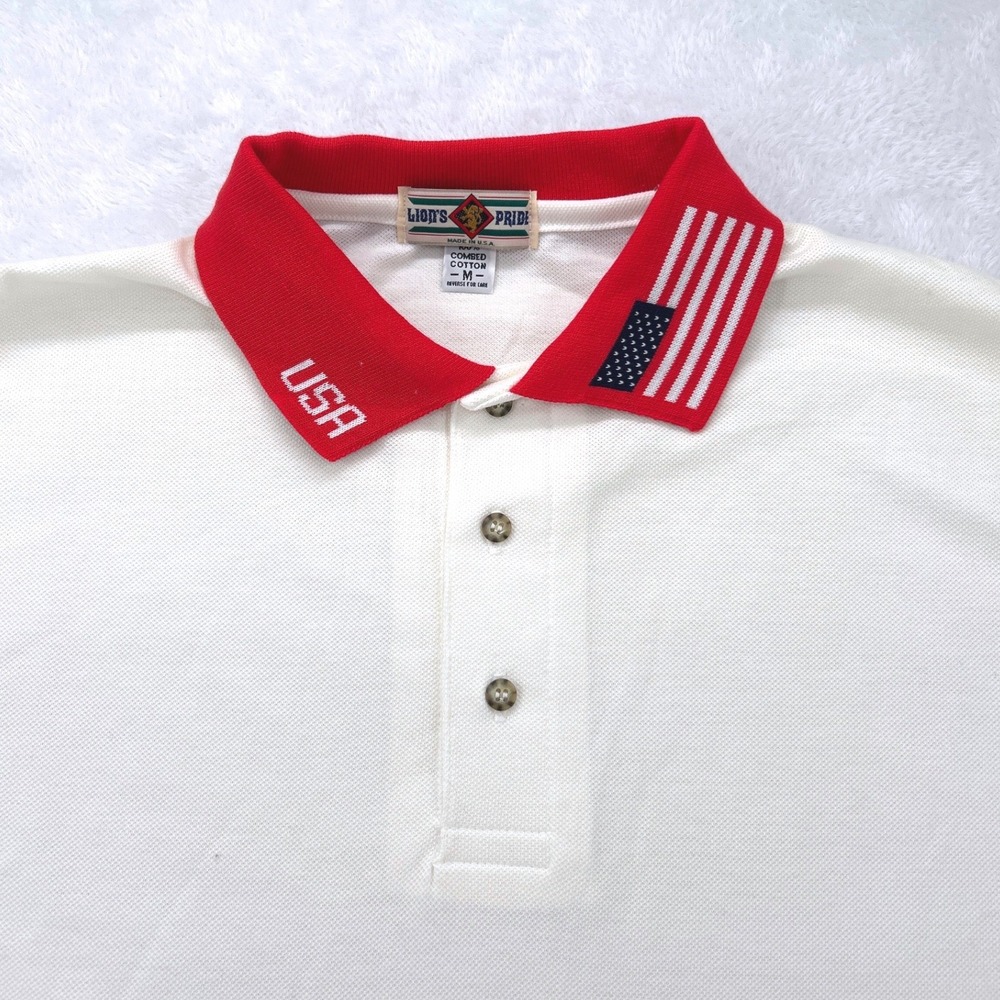 VTG USA Flag Embroidered Mens Polo Shirt M White Red Patriotic 4th of July Y2K - Picture 3 of 8